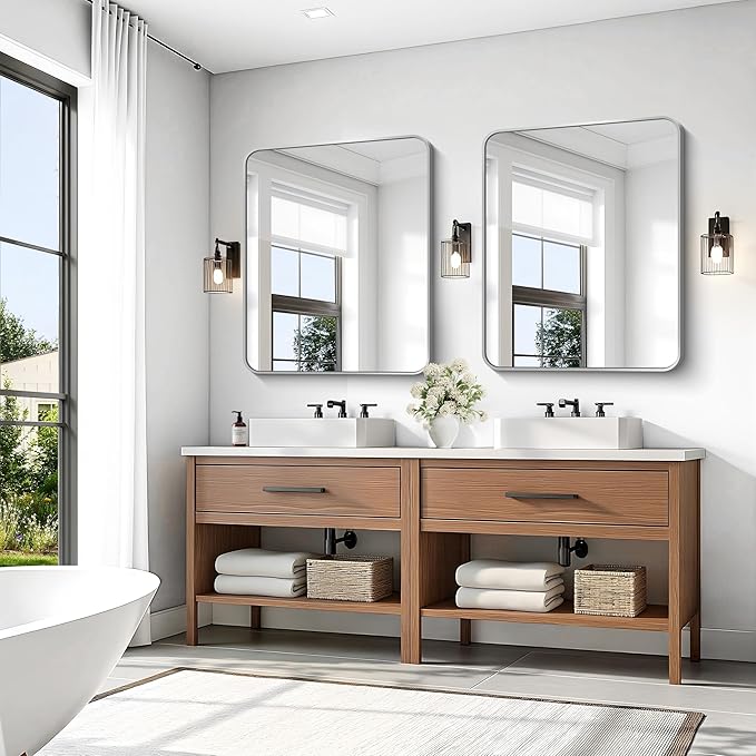 KOCUUY Silver Bathroom Mirror, 30x36 Inch Bathroom Mirror for Over Sink, HD Tempered Glass, Anti-Rust Brushed Silver Frame, Rounded Corner Modern Design for Bathroom, Hang Horizontal/Vertical
