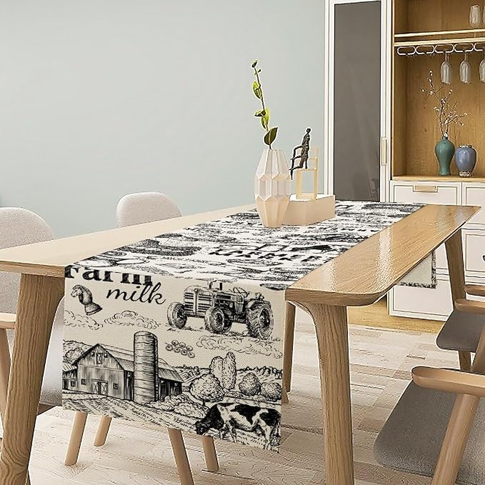 Vintage Tractor Milk Farm Table Runner Retro Western Country Farmhouse Animal Food Chicken Pumpkin Cow House Fall Kitchen Dining Table Decoration for Living Room Holiday Outdoor Home Party 13x120in