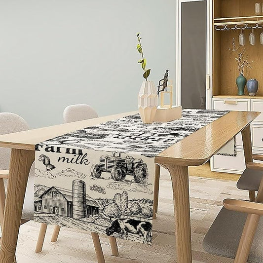 Vintage Tractor Milk Farm Table Runner Retro Western Country Farmhouse Animal Food Chicken Pumpkin Cow House Fall Kitchen Dining Table Decoration for Living Room Holiday Outdoor Home Party 13x120in