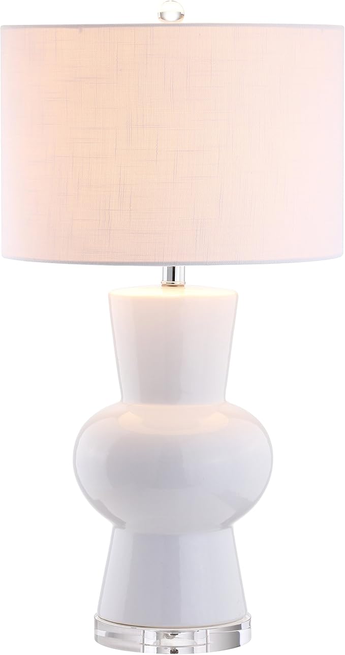JONATHAN Y 28.5" White Ceramic Table Lamp for Living Room Bedroom Nightstand, Modern Hourglass LED Bedside Lamp with Crystal Base and Linen Shade JYL4027A