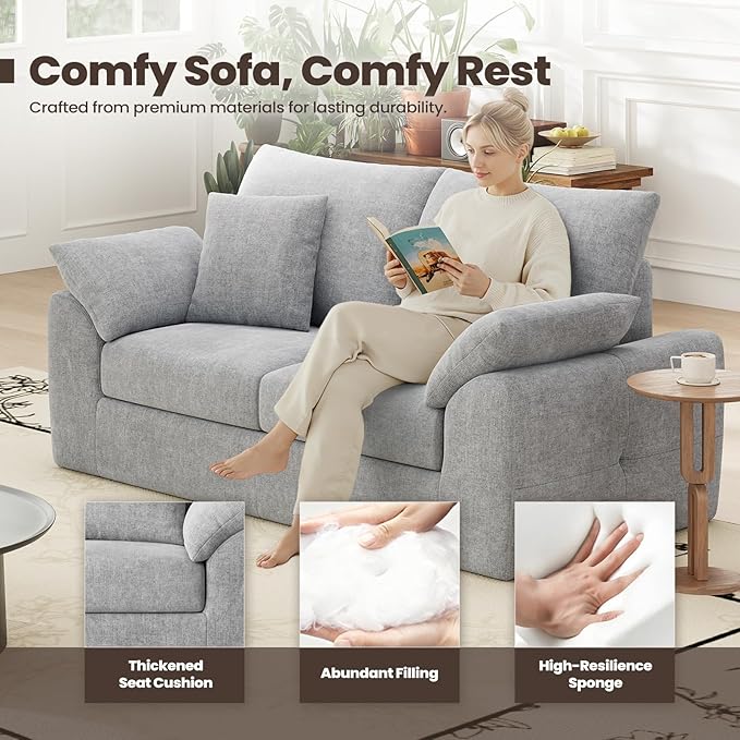 MALOL 76" Boneless Loveseat Sofa, Cloud Foam Couch, 3 Seater Upholstered Midcentury Mondern Love Seat, Wide Armrest and 4 Pillows for Home Living Room/Small Spaces, No Assembly Required, Grey