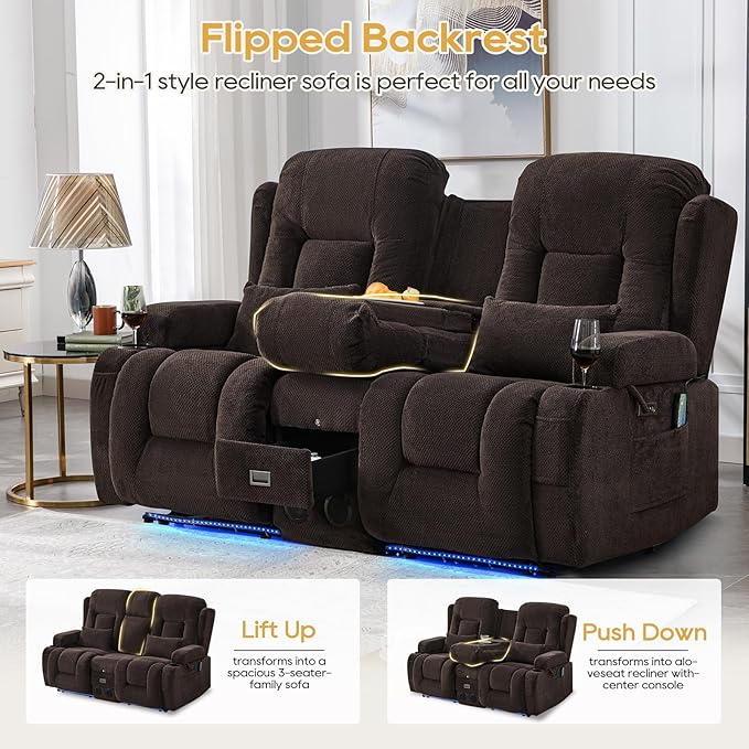 IPKIG Power Recliner Sofa with Flip-Up Backrest Console, USB & USB-C Ports, AC Outlet, LED Lights, Wall Hugger Recliners for Living Room, RV (Dark Brown, 67" - 3 Seat) | Velvet Fabric, Zero Gravity, Dual Reclining, 2 Lumabr Pillow, Bluetooth Speakers