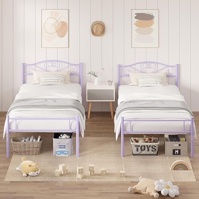 VECELO 14 Inch Twin Size Metal Platform Bed Frame with Headboard and Footboard, Heavy Duty Mattress Foundation with Steel Slats Support, No Box Spring Needed, Purple