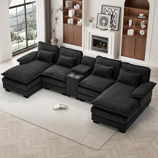 133" Oversized U Shaped Cloud Couch Modular Sectional Couches for Living Room Comfy Chenille Deep Seat Sofa Set with Double Chaise Lounge, Storage Central Console, Cup Holders, USB Port, Black
