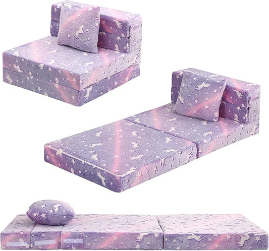 MeMoreCool Foldable Futon Chair Bed for Kids, Glow Tri-Fold Sofa Bed Convertible Toddler Sofa Mattress, Foam Floor Couch for Sitting, Purple