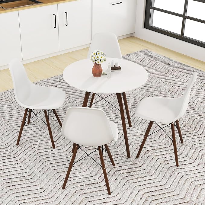 Giantex Round Dining Table Set for 4, 5-Piece Breakfast Nook Table Set w/ 31.5" Dinner Table, Dining Chairs, Wood Legs, Dinette Set, Kitchen Table Chairs Set for Living Room Restaurant (White+Walnut)