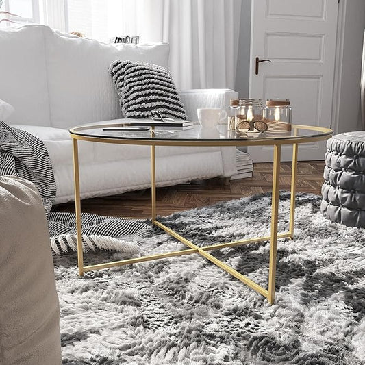 Flash Furniture Greenwich Collection Coffee Table - Modern Clear Glass Coffee Table - Crisscross Brushed Gold Frame