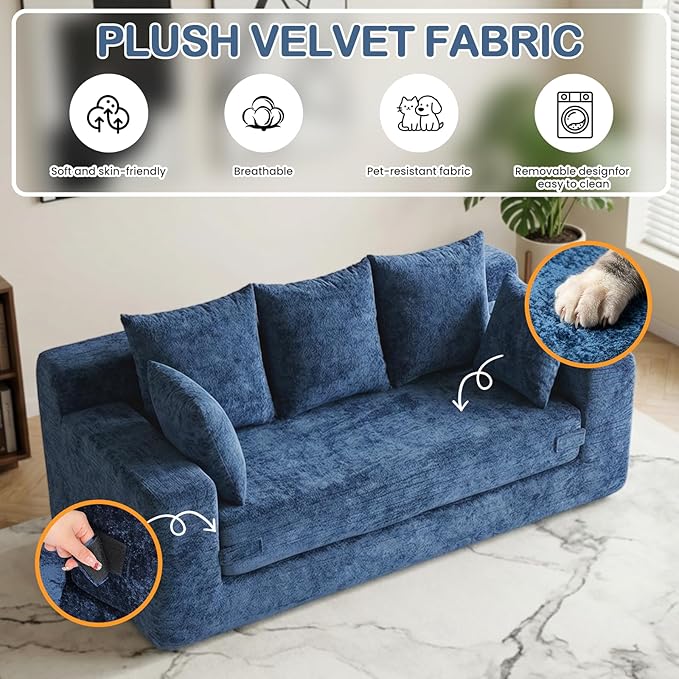 Boneless Couches 70", 3 Seater Boneless Couch with Pull Out Sofa Bed, Boneless Couch with 5 Pillows, Plush Velvet Sofa for Living Room & Bedroom, Blue