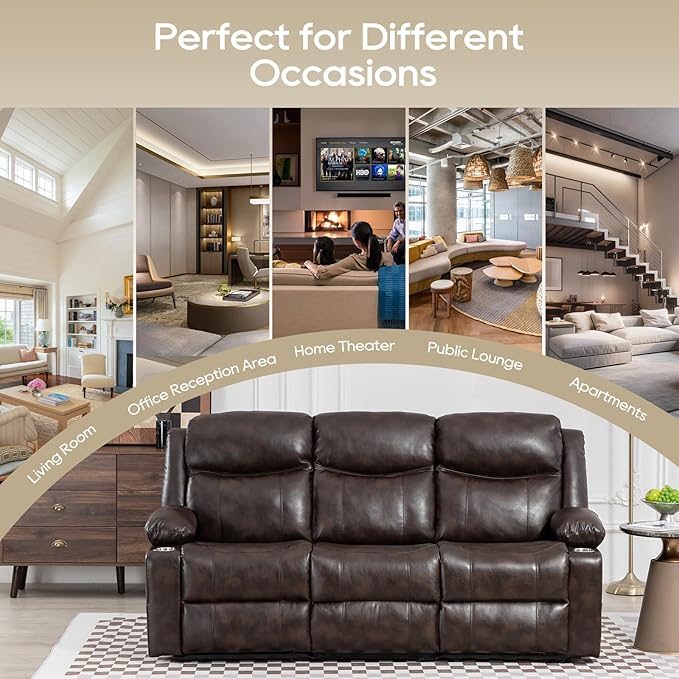 Manual Reclining Sofa - 3 Seat Recliner Sofa with Heat & Massage Function, Wall-Hugger Reclining Sofa for Living Room (Brown) | Side Pocket, Cup Holder