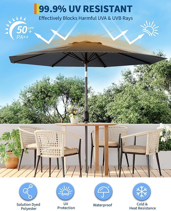 GarveeLife 10 ft Patio Umbrella, Outdoor Table Market Umbrella with Push Button Tilt and Crank, 8 Sturdy Ribs UV Protection Waterproof for Garden, Deck, Backyard, Pool (Grey)