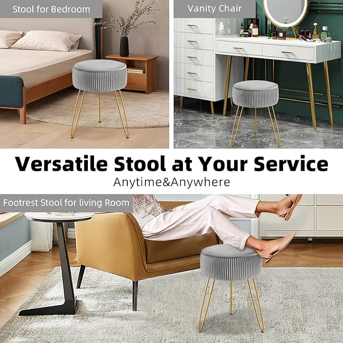GERANT Multifunctional Vanity Stool,Modern Stools for Makeup Room,Velvet Round Ottoman Footrest Stool with Metal Legs, Upholstered Pleated Chair Living Room,Office, Artistic Gray, (ZG001)