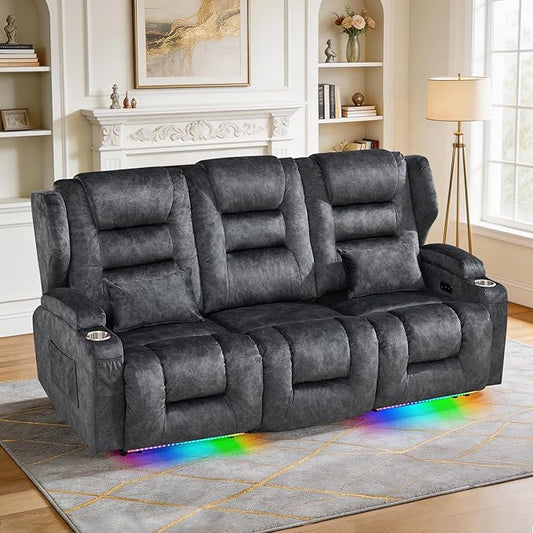 SAMERY Power Loveseat Recliner Sofa, Wall Hugger Reclining Loveseat Sofa, Movie Home Theater Seating with Flip-Backrest, Solid Wood Top, Ambient LED Lights, USB-C, Outlets, Velvet, Gray, 3 Seater | Extra Wide Seat, Plush Padding, Dual Power Recline, Fl...
