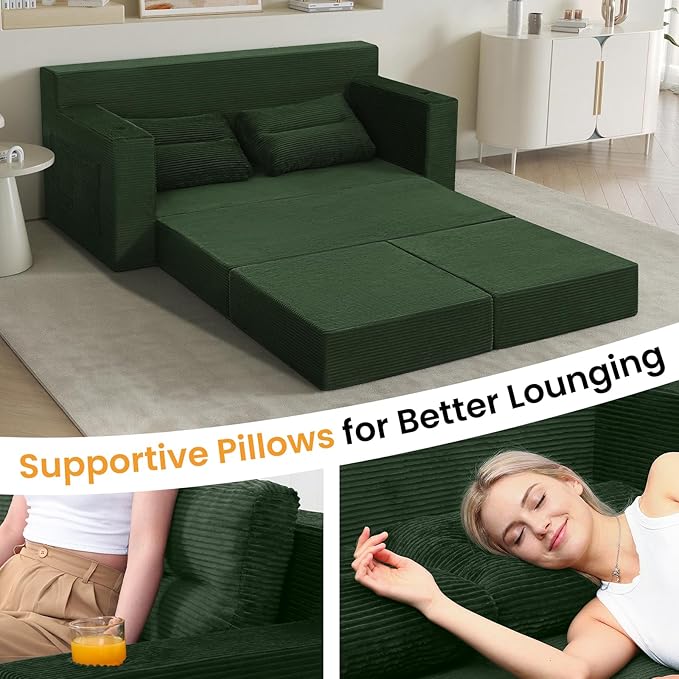 COMAX Futon Sofa Bed, Boneless Loveseat Couch in A Box, 67" L-Shaped Convertible Sofa Bed Corduroy for Living Room, Fold Out Small Foldable Loveseat Foam with Movable Ottoman, Floor Sleeper, Green