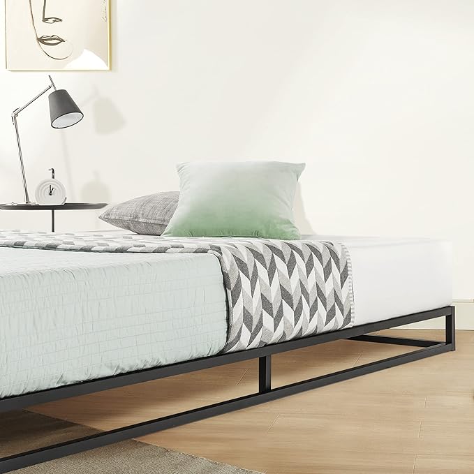 Mellow Modernista Low Profile 6 Inch Metal Platform Bed Frame with Classic Wooden Slat Support Mattress Foundation (No Box Spring Needed), Twin, Black