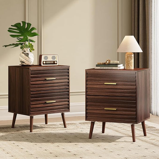 WLIVE Nightstands Set of 2, Mid Century Modern Bedside Tables with Fluted Drawers, Walnut Wood End Table with Storage for Bedroom, Living Room, Accent Furniture
