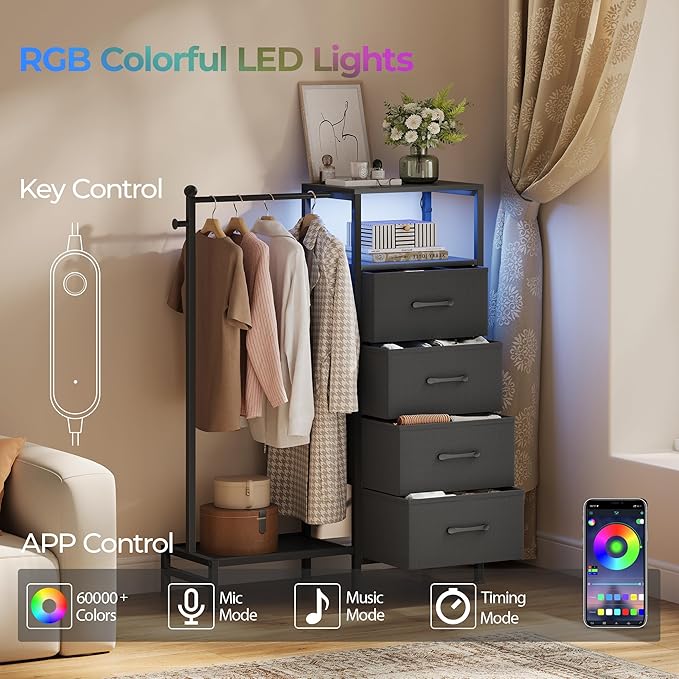 Dresser for Bedroom with Reversible Hanging Rack, 4 Drawers Dresser with LED Lights, Fabric Dressers with Open Shelf, Chest of Drawers with Clothes Rack, Kids Dressers for Bedroom, Black