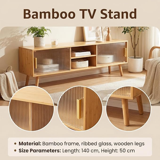 Bamboo TV Stand Entertainment Center- Mid-Century Modern Television Stand for 55-65 inch TVs, Bamboo Media Console Table, Open Storage Shelves for Living Room, Bedroom and Home Decor