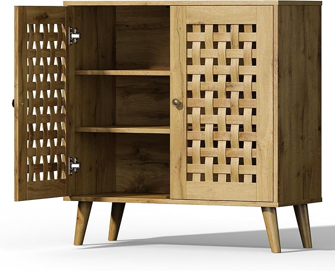 Vintage 2-Door Storage Cabinet, Basket Weave Wooden Doors, Kitchen Sideboard with Adjustable Shelves, Coffee Bar Cabinet for Living Room, Hallway, Entryway, Dining Room, Natural Wood Color