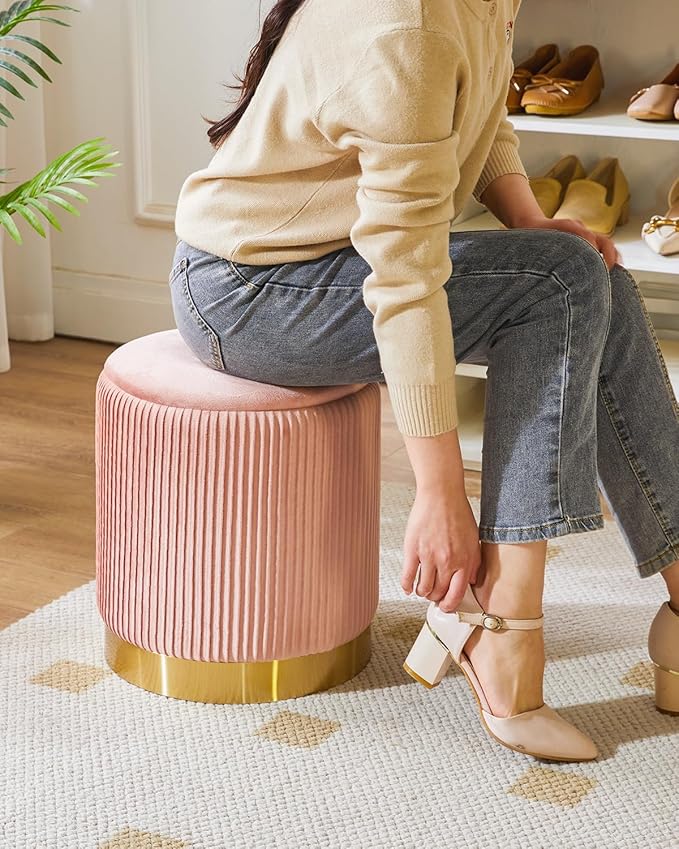 IBUYKE Round Storage Ottoman Set of 2 Ottoman for Dorm Vanity Stool with Storage Velvet FootStools End Table Boucle Ottoman for Home Organization Pink UWBD016P