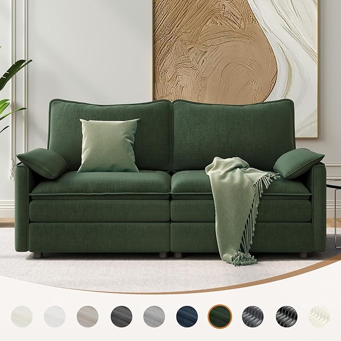 Vesgantti 74" Loveseat Sofa for Living Room, Comfy Cloud Couch Deep Seat Chenille Modern 2 Seater Small Sofa with Armrest Pillow, Easy Assembly for Small Spaces, Green | Sink-in Comfort, Height Adjustable, Easy Rearrangement, Extra-deep Ottoman, Solid ...