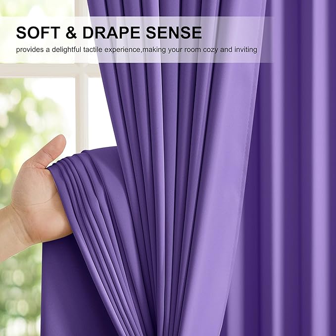 NICETOWN 100% Blackout Curtains for Nursery, Lilac Purple W52 x L84 Set of 2 Light Blocking & Soundproof Drapes,Rod Pocket Black Lined Window Treatment Panels