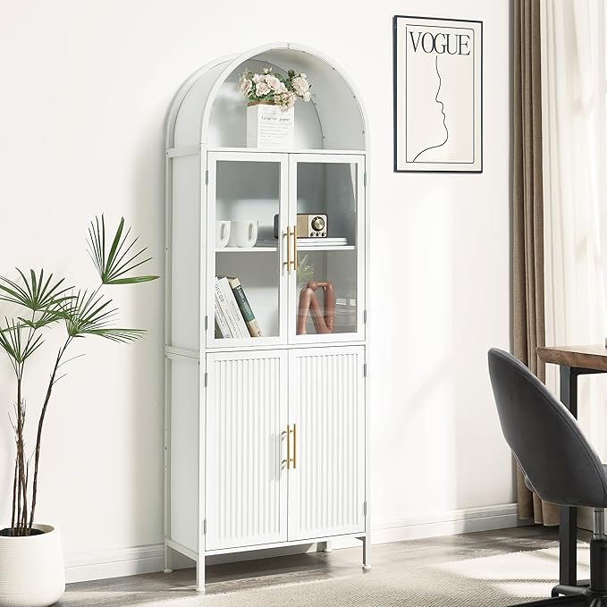 Arched Bookcase Book Shelf with Glass Doors, 5 Tier Display Bookshelf Tall Cabinet with Storage, Industrial Floor Standing Bookshelves Open bookcases for Home Office, Living Room(White)