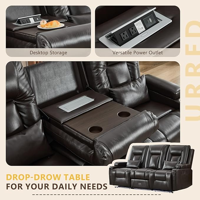 URRED Power Loveseat Recliner Sofa with Console, Wall Hugger Reclining Loveseat RV Couch with LED Light, 150° Zero Gravity Recliners Modular Couches for Living Room (Glossy Brown, 77.3'' - 3 Seats)