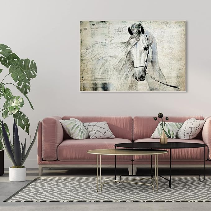 Country Farmhouse Canvas Print Painting Animal Wall Art 'Southern White Horse' Champagne Framed Canvas Rustic Home Décor 54x36 in Gray, Brown by Oliver Gal