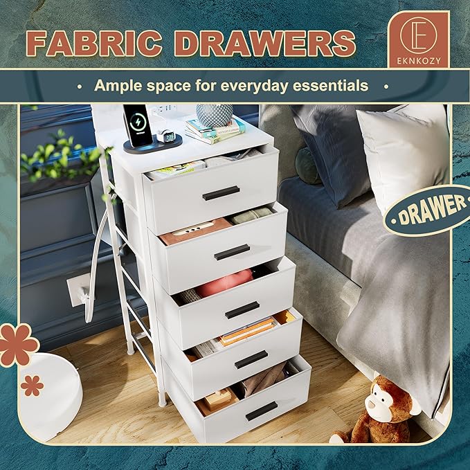Nightstand 5 Drawer Dresser with LED Lights, Charging Station, Metal Mesh Shelf with Hooks, Vertical Side Table with Fabric Drawers, End Table, Tall Dresser for Bedroom, Entryway, White