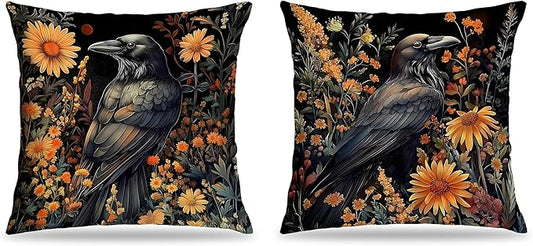 William Morris Inspired-Vintage Floral Crow Pillow Covers 18x18 Set of 2,Dark Vintage Cottagecore Decor,Moody Rustic Wildflower Botanical Raven Decor Pillow Covers for Home Living Room Bedroom