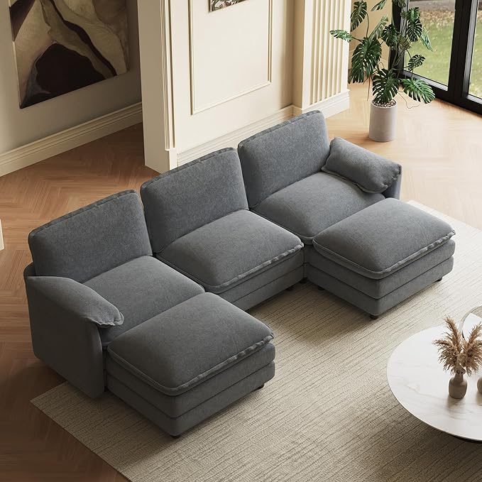 114" U Shaped Cloud Couch Sectionals Comfy Grey Sectional Couches for Living Room Modern Fluffy Oversized Modular Sofas with Ottoman, Chenille Large Big 5 Seat Sofa Set