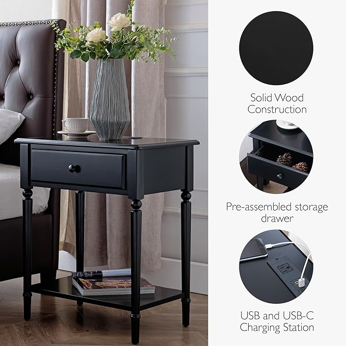 Leick Home Coastal End Table, Solid Wood, USB-C Charging Station, 1 Storage Drawer, Bottom Shelf, Easy-Assembly, For Bedroom/Living Room, Black Swan, 15.8 in. L x 24.0 in. W x 28.1 in. H, 20022-BK
