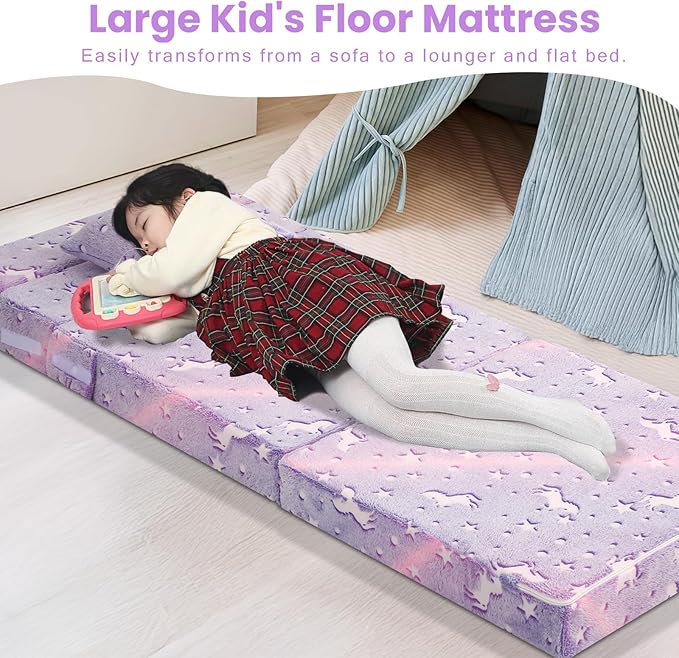 MeMoreCool Foldable Futon Chair Bed for Kids, Glow Tri-Fold Sofa Bed Convertible Toddler Sofa Mattress, Foam Floor Couch for Sitting, Purple