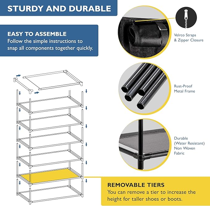 Sundaze Shoe Rack with Cover - 6 Tier Shoe Rack for Front Door Entrance, Sturdy Tall Shoe Organizer for Bedroom, Closet, Garage, Non Woven Fabric Shelf, Black, Holds Up to 30 Pairs