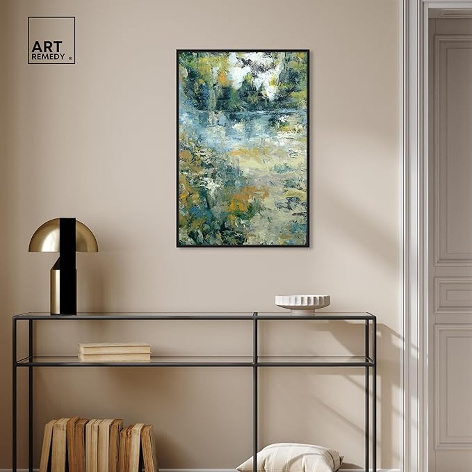 Art Remedy Green Moss Monet Garden Green Abstract Canvas Wall Art, Black Floater Frame, 20"x30"