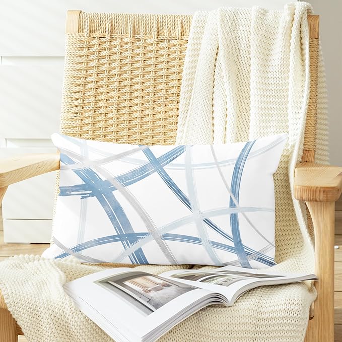 CaliTime Throw Pillow Cases Pack of 2 Cozy Fleece Arc-Shaped Abstract Geometric Lines Decorative Cushion Covers for Couch Bed Sofa Farmhouse Decoration 12 X 20 Inches Light Blue Grey
