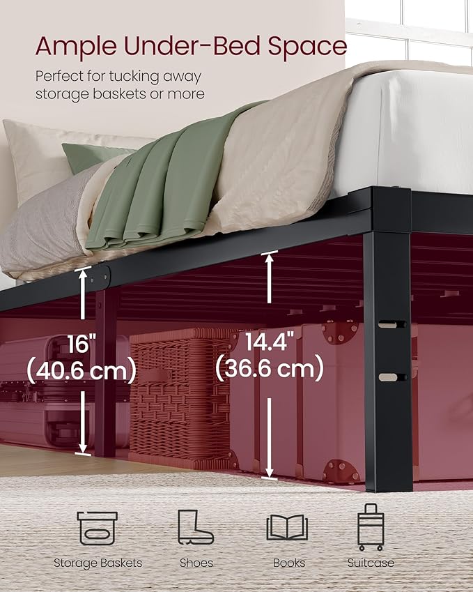 VASAGLE King Metal Bed Frame 16 Inches Tall, 1100 lb Weight Capacity, No Box Spring Needed, with Under-Bed Storage, Easy Setup, Heavy-Duty Platform Bed, Mattress Retainers, Matte Black URMB664BD02S