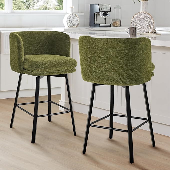 26" H Counter Height Swivel Bar Stools Set of 2, Barrel Counter Stools with Backrest, Linen Fabric Upholstered Barstools with Metal Legs for Kitchen Island,Green