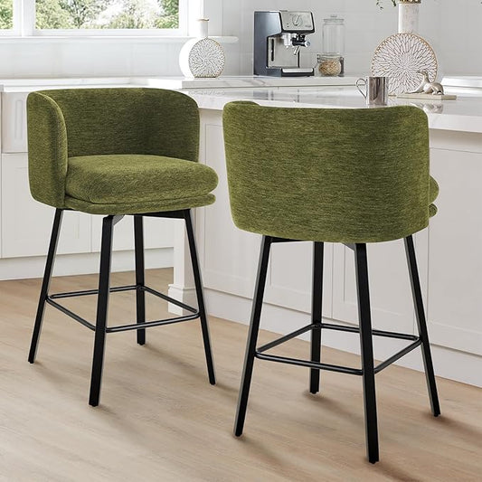 26" H Counter Height Swivel Bar Stools Set of 2, Barrel Counter Stools with Backrest, Linen Fabric Upholstered Barstools with Metal Legs for Kitchen Island,Green