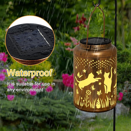2 Packs Cat Gifts Solar Lanterns Outdoor Waterproof, Birthday Gifts for Women, Mom, Metal Hanging Solar Lights Outdoor for Patio Porch Yard Backyard Garden Decor