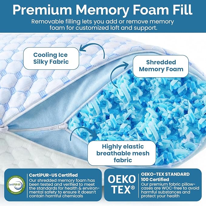 Cooling Memory Foam Pillows Queen Size 1 Pack: Double sided Adjustable firm soft Hotel Sleeping Pillow with Breathable Bamboo Rayon Zipper Cover for Easy wash and hot Side Back Stomach Sleepers 20x30