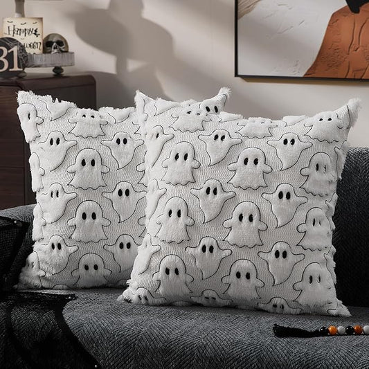 DFXSZ Halloween Pillow Covers 16x16 inch Set of 2 White Black Ghost Throw Pillow Cases Soft Plush Faux Fur Wool Couch Cushion Case for Chair Sofa Bedroom Living Room Home Decor PTK03J16