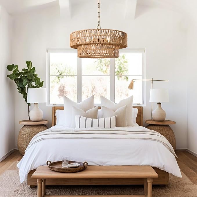 LamQee 22 Inch Farmhouse Rattan Chandeliers, 5 Lights Boho Chandelier Light Fixture with Hand Woven Wicker Shade, Large Rattan Pendant Lights Ceiling Hanging Lighting for Dining Room Kitchen Island