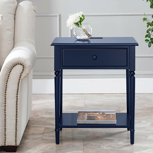 Leick Home Coastal Nightstand, Solid Wood, with USB-C Charging, 1 Drawer and 1 Shelf, Navy, 20022-NV