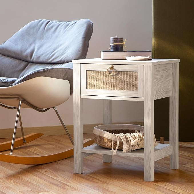 SICOTAS White Nightstand Set of 2,Rattan Decor Drawer with Brass Knobs Night Stand Bedside Table Boho End Tables Side Tables with Storage Shelf for Bedroom,Small Space