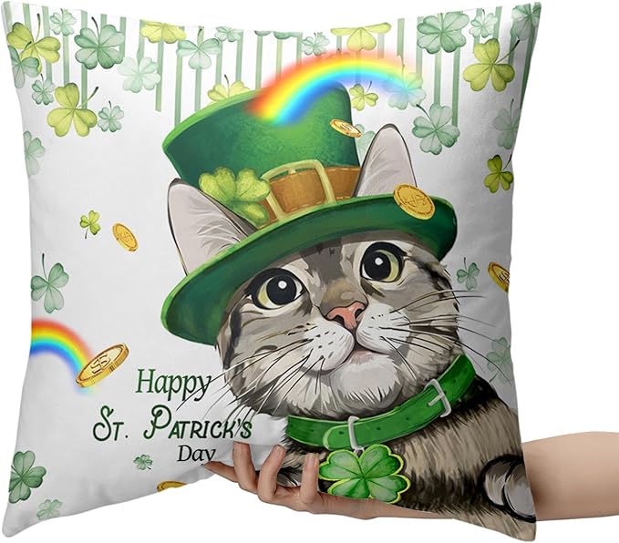 Happy St Patricks Day Pillows Covers 22x22 Pack of 2 Lucky Cat Clover Pillow Covers Rainbow Gold Coin Shamrock Decorative Pillow Cases Cushion Case for Living Room Couch Sofa