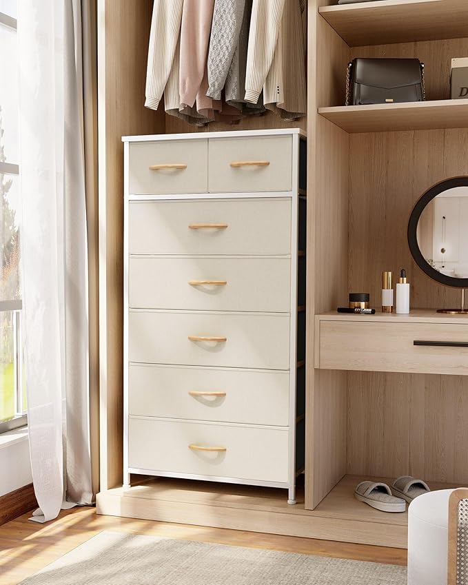 Crestlive Products Vertical Dresser Storage Tower - Sturdy Steel Frame, Wood Top, Easy Pull Fabric Bins, Wood Handles - Organizer Unit for Bedroom, Hallway, Entryway, Closets - 7 Drawers (Beige)