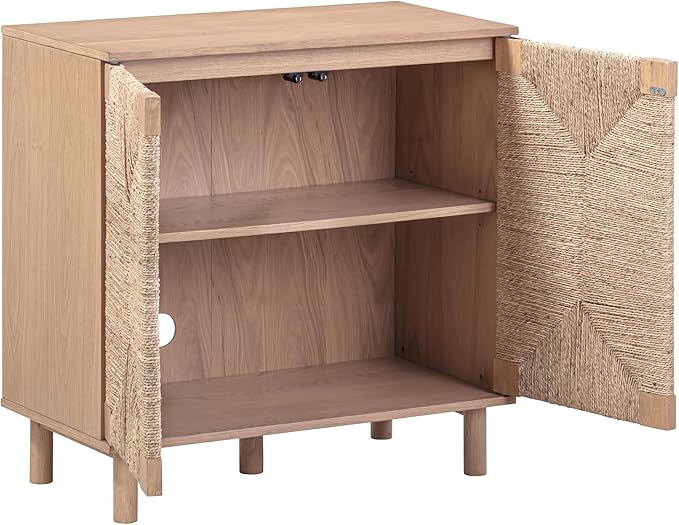 Nathan James Beacon Boho Accent Cabinet with Doors, Free Standing Kitchen Cabinet Storage with Adjustable Interior Shelf and Seagrass Accent, Seagrass/Raw Oak