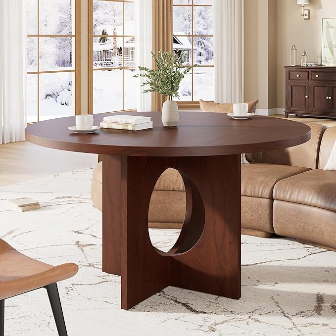 IDEALHOUSE 47" Round Dining Table, Kitchen Table for 4-6 People, Circle Tables with Sturdy Pedestal Base, Space Saving Dinning Room Furniture for Living Room, Kitchen, Apartment, Walnut