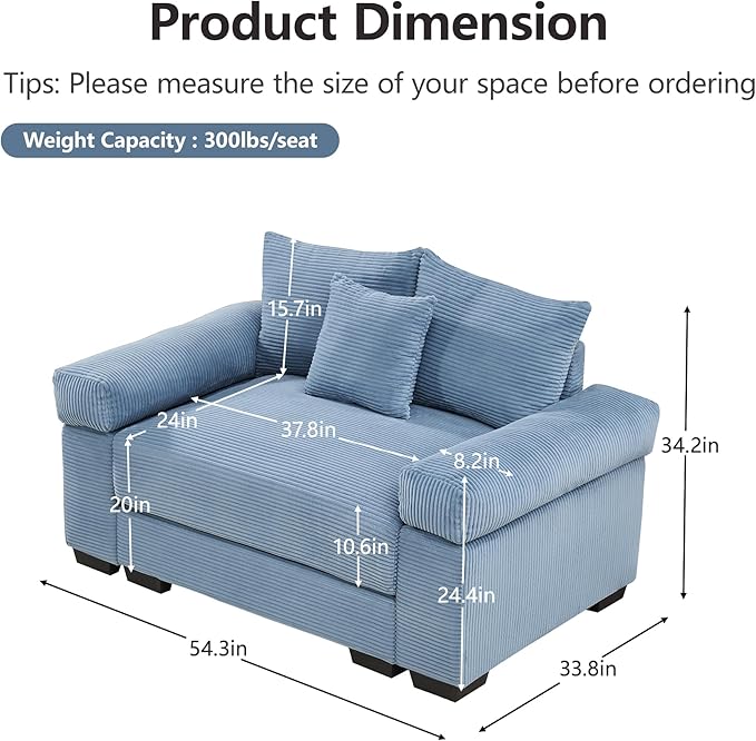 KEIKI 54" Oversized Corduroy Modular Sectional Single Sofa with High-Density Foam Cushions, Extra-Thick Armrests, Upholstered Modern 1-Seater Lounge Accent Chair with 3 Pillow, for Living Room, Blue